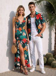 Hibiscus Flowers Tropical Leaf Print Matching Hawaii Beach Outfit For Couples -  