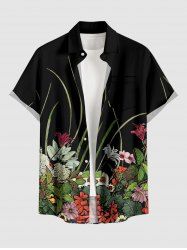 Plus Size Flower Leaf Plant Print Hawaii Button Pocket Shirt For Men -  