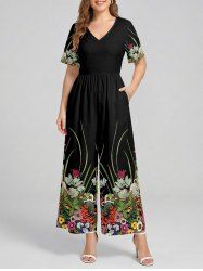 Flower Leaf Plant Print Hawaii Wide Leg Jumpsuit -  