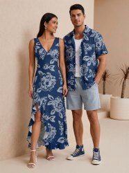Flowers Leaf Print Matching Hawaii Beach Outfit For Couples -  