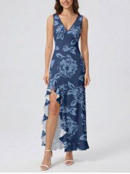 Flowers Leaf Print Hawaii Ruffles Split Surplice Dress -  