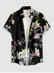 Plus Size Flower Branch Print Hawaii Button Pocket Shirt For Men - Noir 6XL