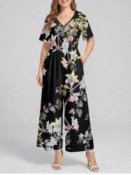 Flower Branch Print Hawaii Wide Leg Jumpsuit - Noir M