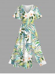 Flowers Tropical Leaf Print Surplice Hawaii Midi Dress -  