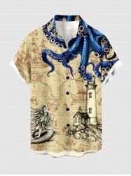 Plus Size Mermaid Octopus Map Sailboat Lighthouse Crusie Print Buttons Pocket Hawaii Shirt For Men -  