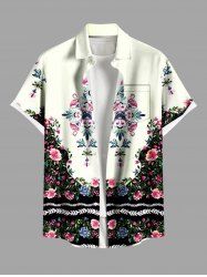 Plus Size Flamingo Flowers Colorblock Print Buttons Pocket Hawaii Shirt For Men -  