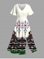 Plus Size Flamingo Flowers Colorblock Print Split Hawaii Midi Dress -  