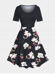 Plus Size Flowers Leaf Print Hawaii Vintage Dress - Noir M