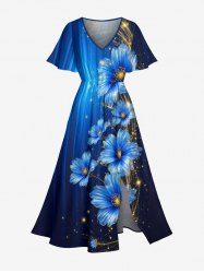 Glitter Flower Ombre Light Beam Print Hawaii Split Pocket A Line Midi Dress - Bleu profond S