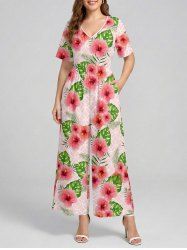 Hibiscus Flowers Tropical Leaf Geometric Pattern Print V Neck Hawaii Wide Leg Jumpsuit - Rose  L