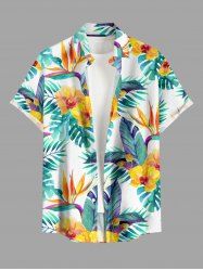 Plus Size Flowers Tropical Leaf Print Buttons Pocket Hawaii Shirt For Men -  