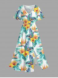 Plus Size Flowers Tropical Leaf Print Split Hawaii Midi Dress - Vert XS