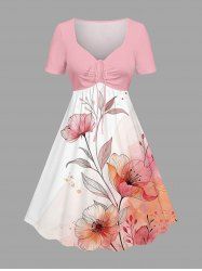 Plus Size Flowers Leaf Ombre Print Cinched Hawaii Dress - Rose  XS