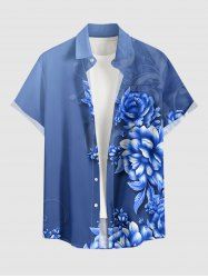 Ombre Flower Leaf Print Hawaii Button Pocket Shirt For Men - Bleu 4XL