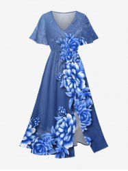 Ombre Flower Leaf Print Hawaii Split Pocket A Line Midi Dress - Bleu S