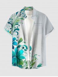 Plus Size Flower Leaf Branch Print Hawaii Button Pocket Shirt For Men - Vert 2XL