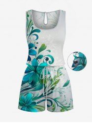 Flower Leaf Branch Print Hawaii Drawstring Pocket Romper -  