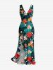 Hibiscus Flowers Tropical Leaf Print Hawaii Ruffles Split Surplice Dress - Vert profond XS