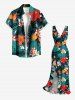 Hibiscus Flowers Tropical Leaf Print Hawaii Ruffles Split Surplice Dress - Vert profond XS