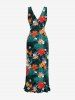 Hibiscus Flowers Tropical Leaf Print Hawaii Ruffles Split Surplice Dress - Vert profond XS