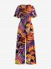 Flowers Tropical Leaf Print V Neck Hawaii Wide Leg Jumpsuit -  