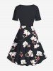 Plus Size Flowers Leaf Print Hawaii Vintage Dress - Noir M