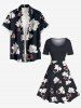 Plus Size Flowers Leaf Print Hawaii Vintage Dress - Noir M