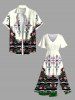 Plus Size Flamingo Flowers Colorblock Print Split Hawaii Midi Dress - Beige 2X