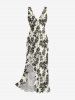 Silhouette Flower Print Hawaii Ruffles Split Dress -  