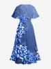Ombre Flower Leaf Print Hawaii Split Pocket A Line Midi Dress - Bleu S