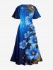 Glitter Flower Ombre Light Beam Print Hawaii Split Pocket A Line Midi Dress - Bleu profond S