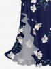 Flowers Leaf Print Hawaii Ruffles Split Surplice Dress - Bleu profond L
