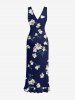 Flowers Leaf Print Hawaii Ruffles Split Surplice Dress - Bleu profond L