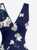 Flowers Leaf Print Hawaii Ruffles Split Surplice Dress - Bleu profond L