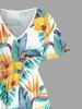 Plus Size Flowers Tropical Leaf Print Split Hawaii Midi Dress - Vert 3X