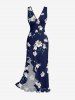 Flowers Leaf Print Hawaii Ruffles Split Surplice Dress - Bleu profond L