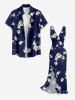 Flowers Leaf Print Hawaii Ruffles Split Surplice Dress - Bleu profond L