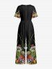 Flower Leaf Plant Print Hawaii Wide Leg Jumpsuit -  