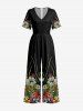 Flower Leaf Plant Print Hawaii Wide Leg Jumpsuit -  