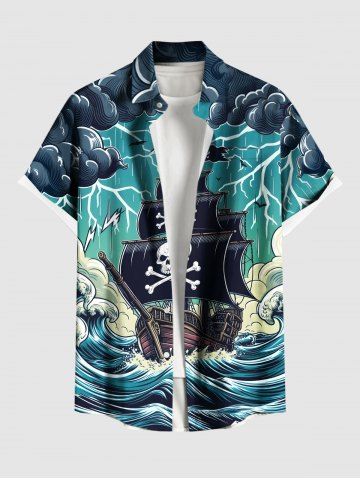 Plus Size Halloween Skulls Sail Boat Sea Waves Cloud Cruise Print Buttons Pocket Shirt For Men - GREEN - S