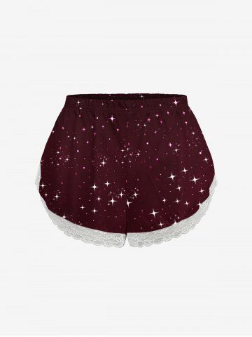 Plus Size Glitter Stars Print Lace Trim Pajama Shorts - BLACK - XS
