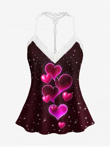 Plus Size Heart Glitter Stars Print Lace Trim Crochet Pajama Top - BLACK - S