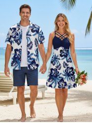 Hibiscus Flowers Leaf Print Plus Size Matching Hawaii Beach Outfit For Couples -  