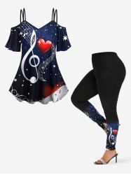 Music Symbol Heart Star Galaxy Print Cold Shoulder Cami T-shirt and Leggings Matching Set -  