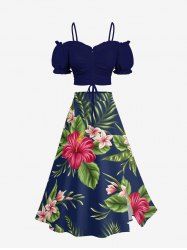 Solid Cinched Cami Top and Tropical Leaf Hibiscus Flower Print Hawaii Split A Line Skirt Matching Set - Bleu 