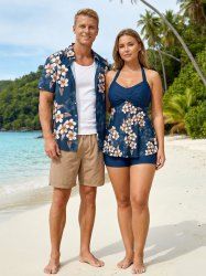 Leaf Ombre Flower Print Plus Size Matching Hawaii Beach Outfit For Couples -  