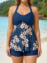 Leaf Ombre Flower Print Hawaii Twist Halter Backless Boyleg Tankini Swimsuit -  