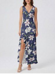 Flower Leaf Branch Print Hawaii Ruffles Split Dress -  