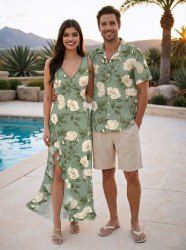 Flowers Leaf Print Matching Hawaii Beach Outfit For Couples -  