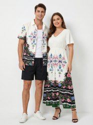 Flamingo Flowers Colorblock Print Plus Size Matching Hawaii Beach Outfit For Couples -  